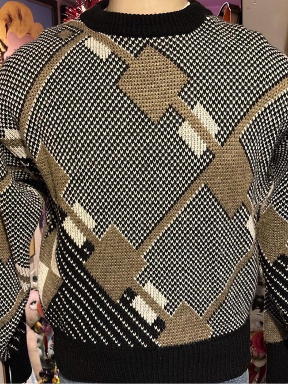 Pact Men's Crewneck Sweater in Black, Cream & Brown Geometric
